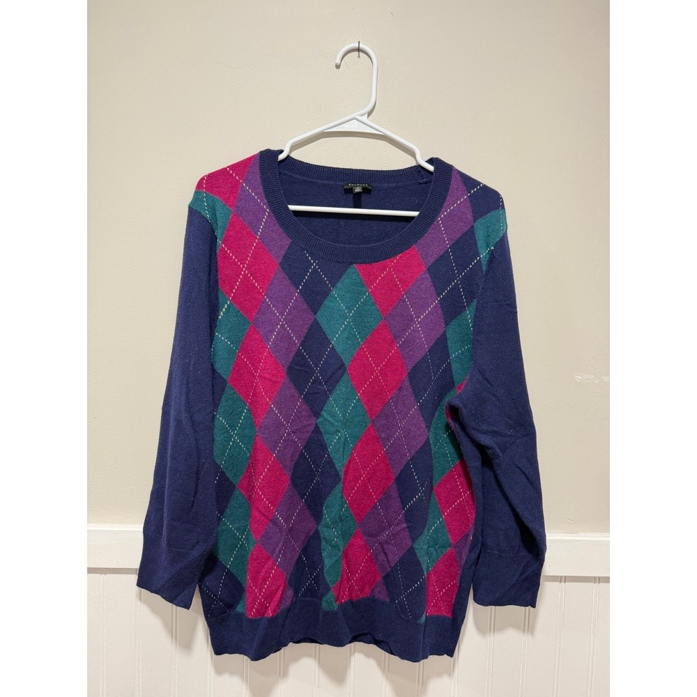 Talbots Long Sleeve Scoop Neck Sweater Argyle Lambswool Blend Women Size XL